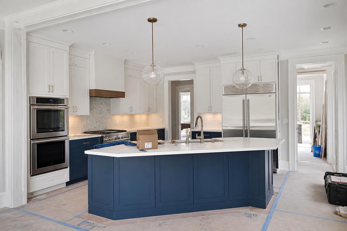 Modern kitchen remodeling project with white cabinets and a navy blue island