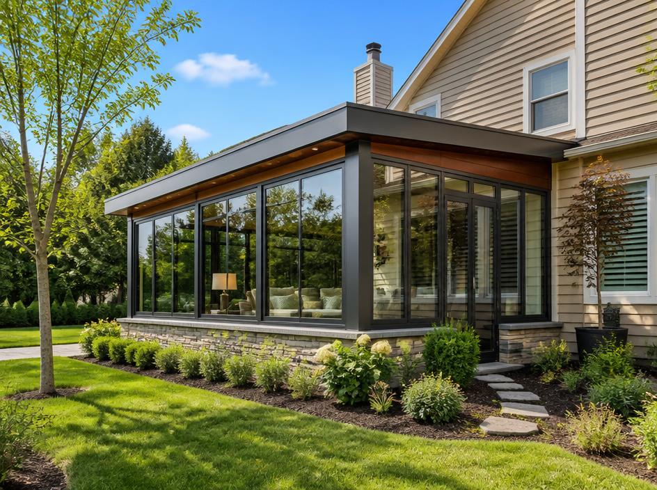 Modern glass-walled home addition attached to a residential house